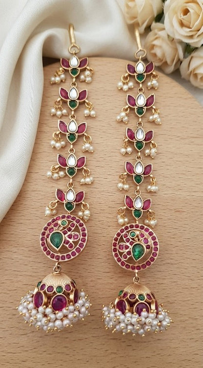 Jewel City Gold Kemp Jhumka Earrings With Matal Chain For Temple & Bridal Wedding Earrings