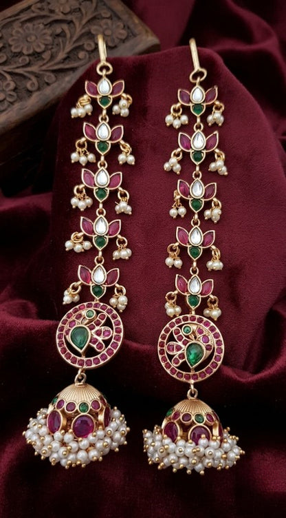 Jewel City Gold Kemp Jhumka Earrings With Matal Chain For Temple & Bridal Wedding Earrings
