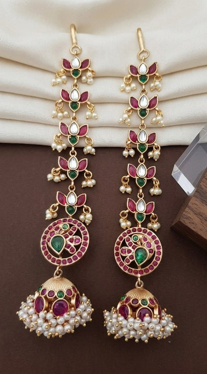 Jewel City Gold Kemp Jhumka Earrings With Matal Chain For Temple & Bridal Wedding Earrings