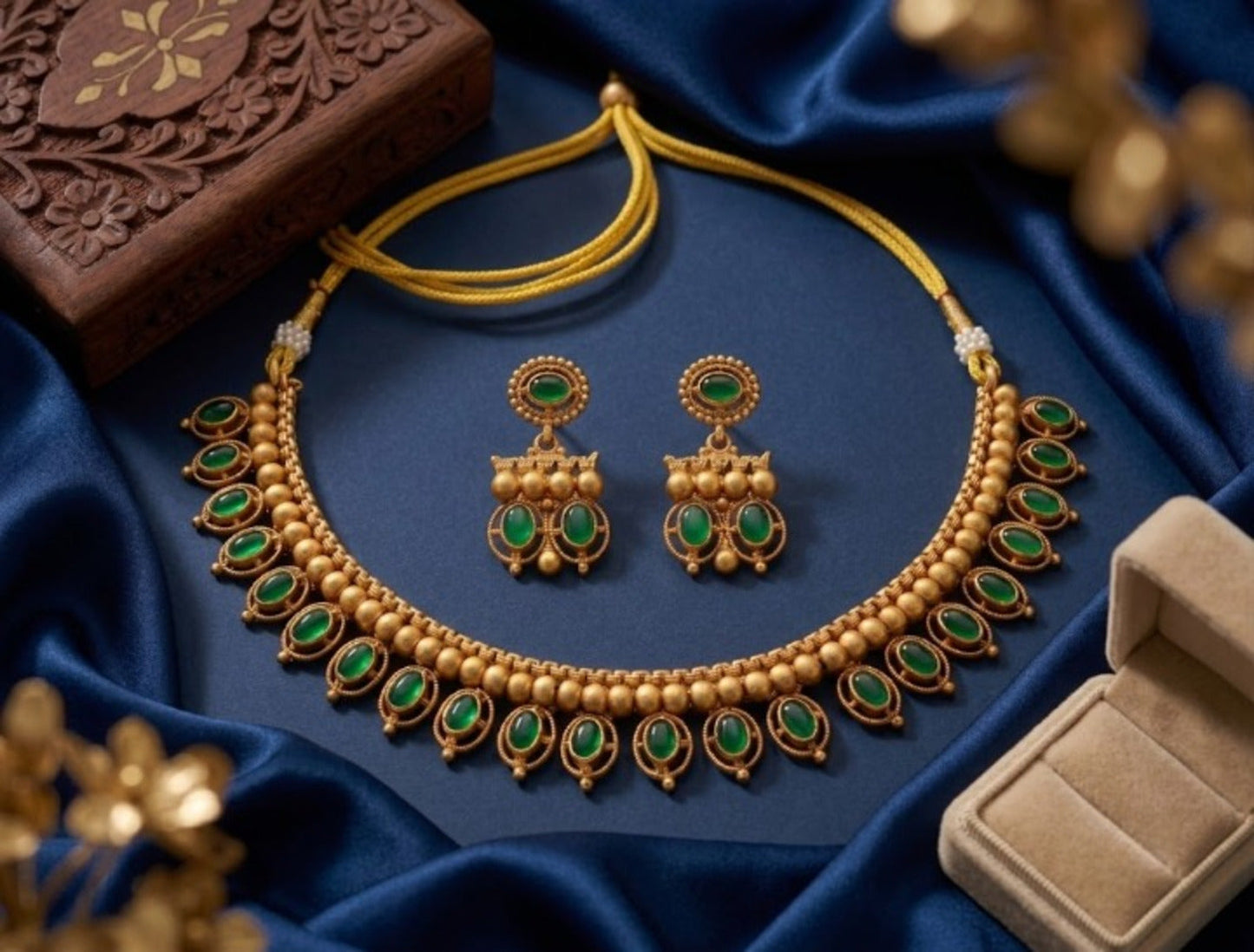 Jewel City Green Antique Gold Matte Temple Jewelry Set