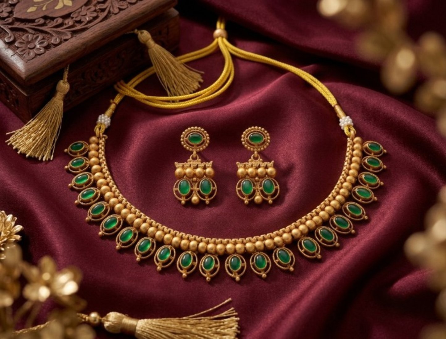 Jewel City Green Antique Gold Matte Temple Jewelry Set