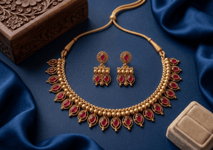 Jewel City Ruby Antique Gold Matte Temple Jewelry Set