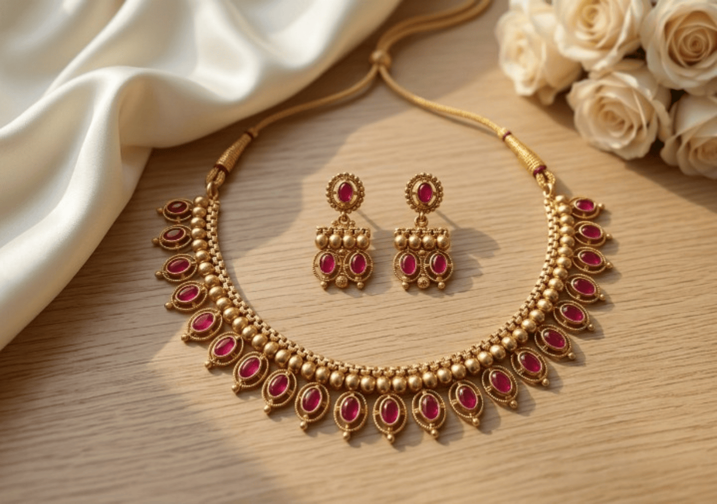 Jewel City Ruby Antique Gold Matte Temple Jewelry Set