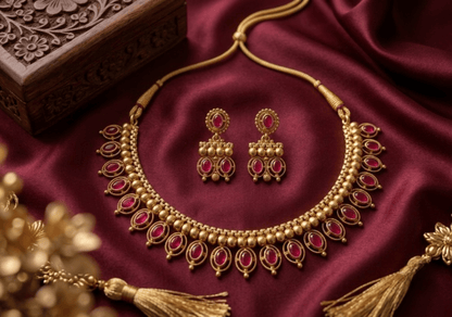 Jewel City Ruby Antique Gold Matte Temple Jewelry Set