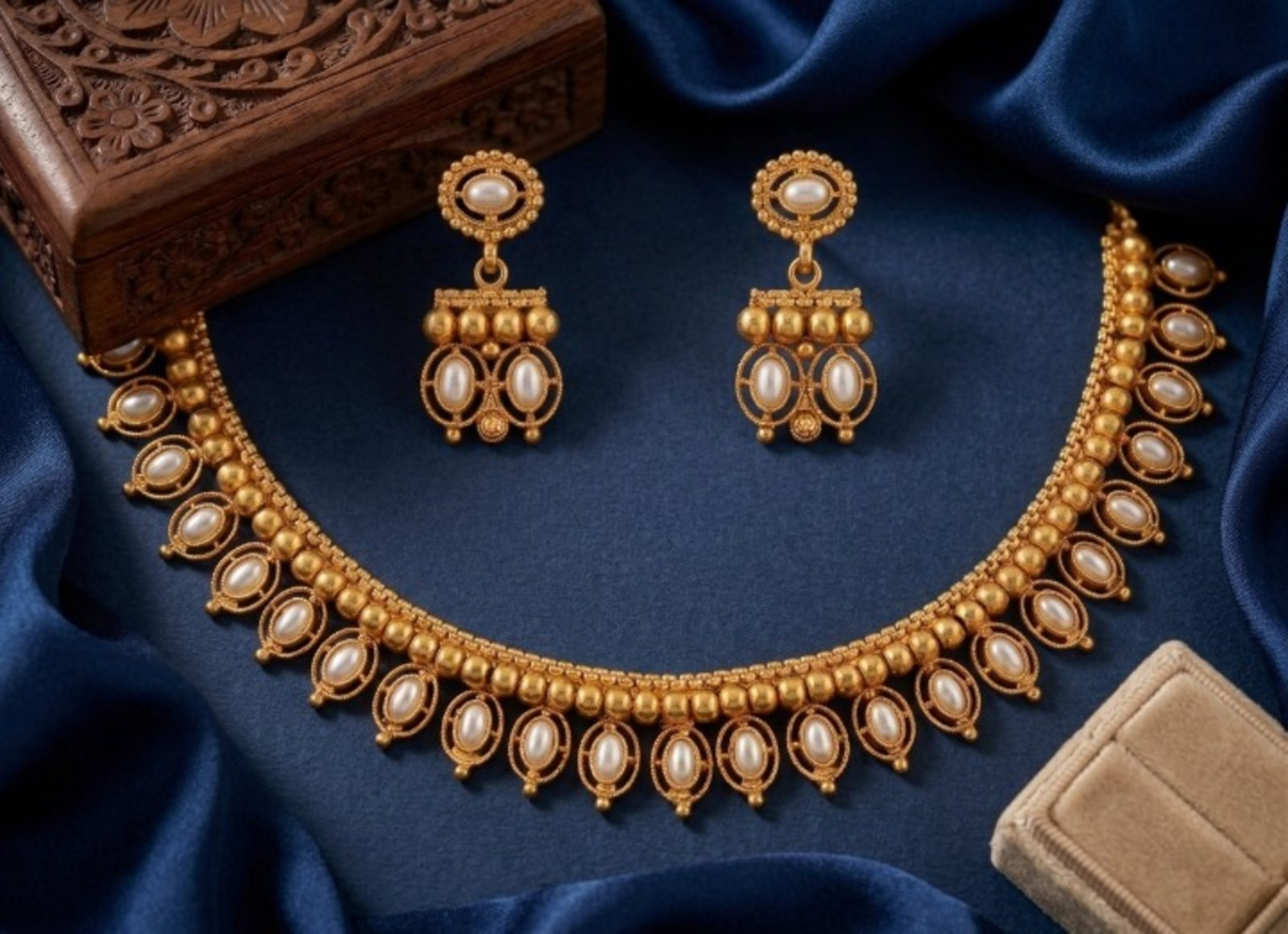 Jewel City White Antique Gold Matte Temple Jewelry Set