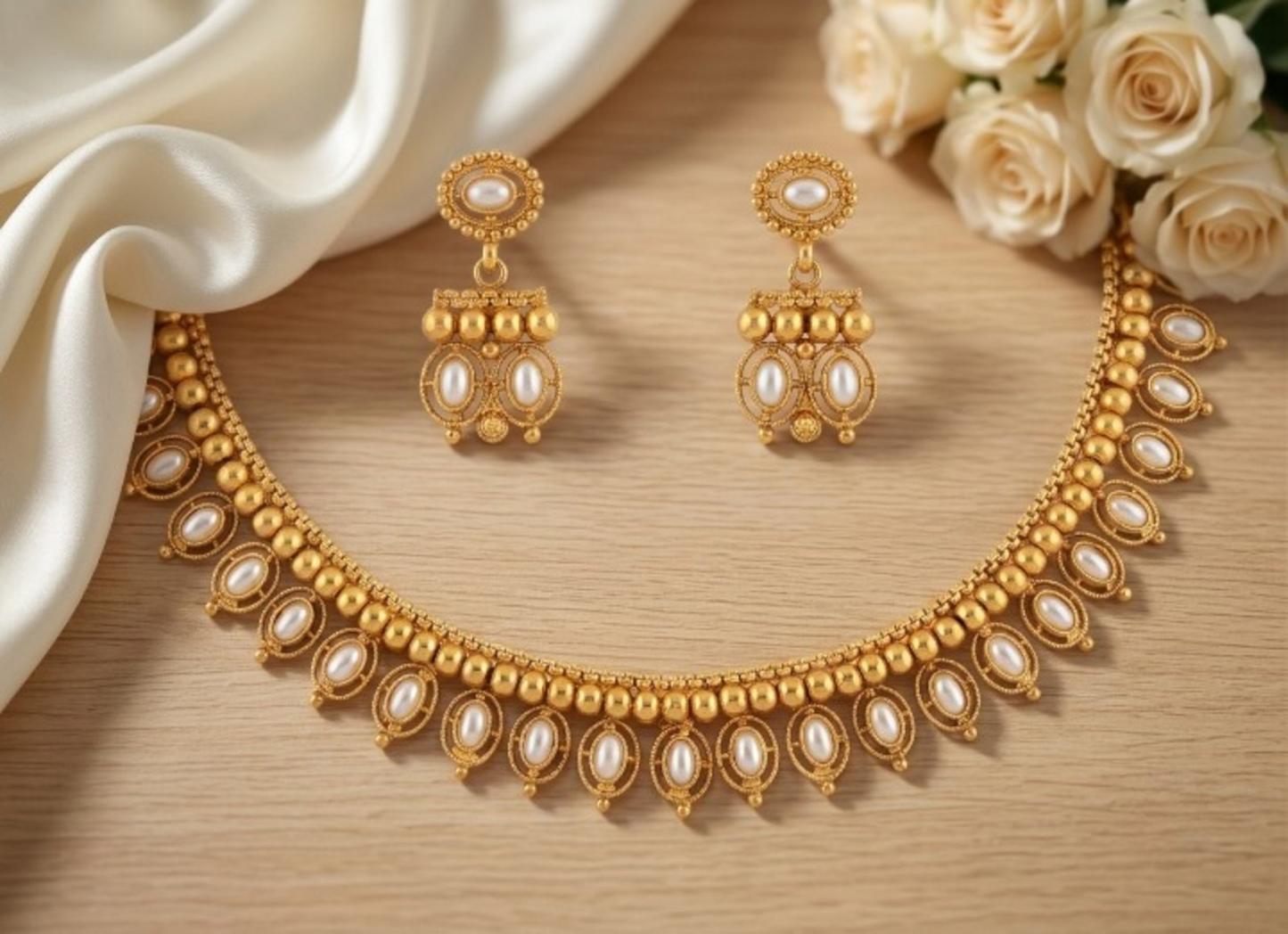 Jewel City White Antique Gold Matte Temple Jewelry Set