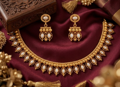 Jewel City White Antique Gold Matte Temple Jewelry Set