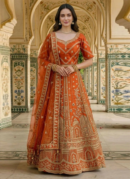 Lehenga Mart Rust Orange Heavy Silk With Fusing Designer Bollywood Style Wedding Wear Lehenga Choli