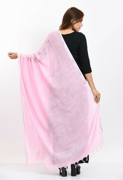 Mominos Fashion Moeza Women's Linen Cotton Silver Border Baby Pink Dupatta