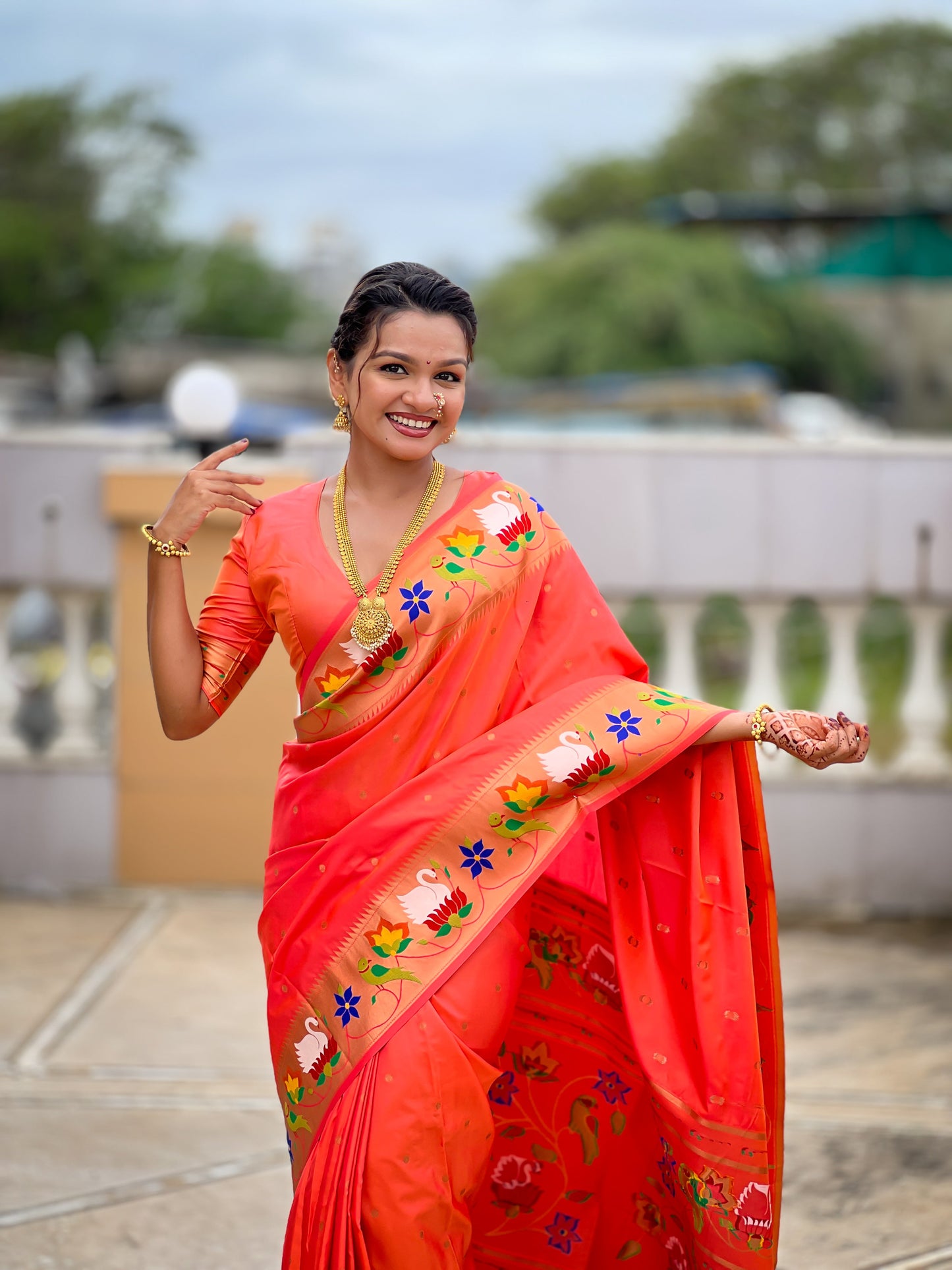 Mameraa Sarees Orange Faux Banarasi Silk Saree With Paithani Rich Weaved Pallu And Blouse-Orange