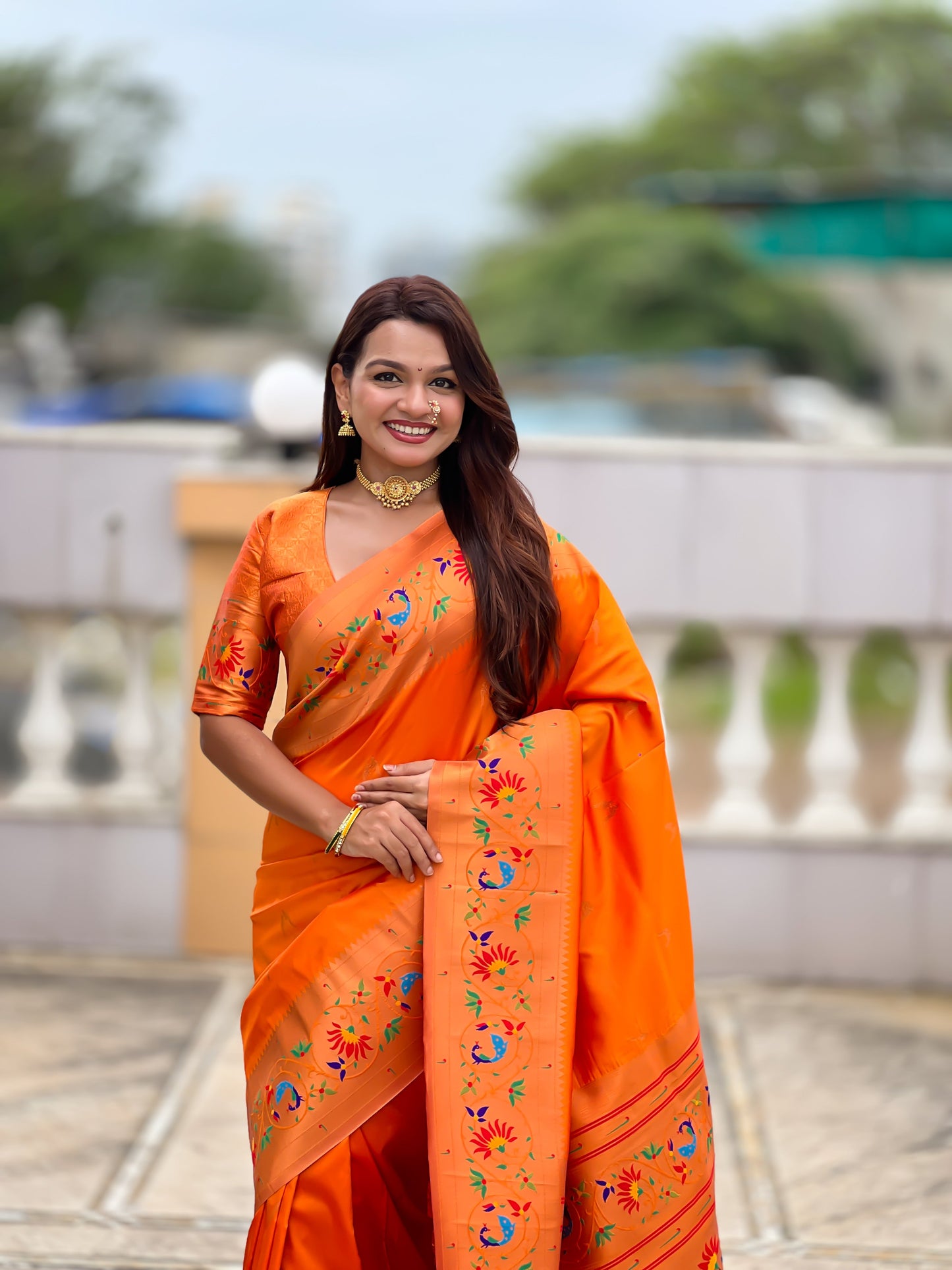 Mameraa Sarees Orange Faux Banarasi Silk Saree With Paithani Rich Weaved Pallu And Blouse-Orange