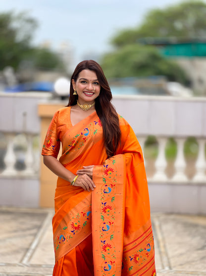 Mameraa Sarees Orange Faux Banarasi Silk Saree With Paithani Rich Weaved Pallu And Blouse-Orange