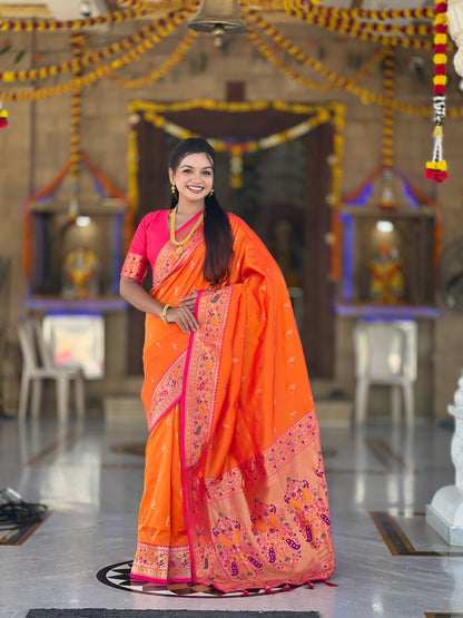 Mameraa Sarees Orange Faux Banarasi Silk Saree With Paithani Rich Weaved Pallu And Blouse-Orange