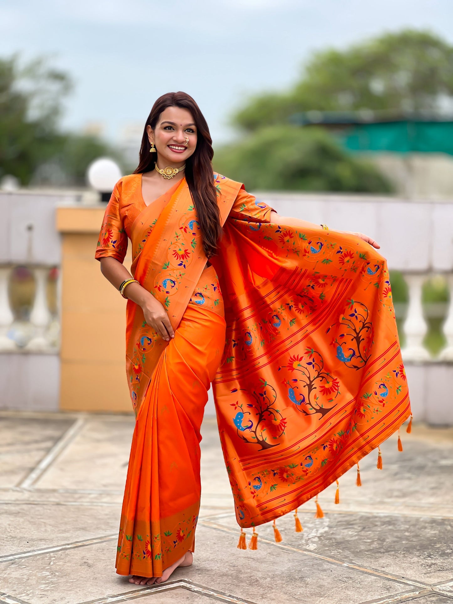 Mameraa Sarees Orange Faux Banarasi Silk Saree With Paithani Rich Weaved Pallu And Blouse-Orange