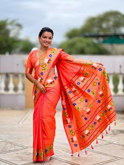 Mameraa Sarees Orange Faux Banarasi Silk Saree With Paithani Rich Weaved Pallu And Blouse-Orange
