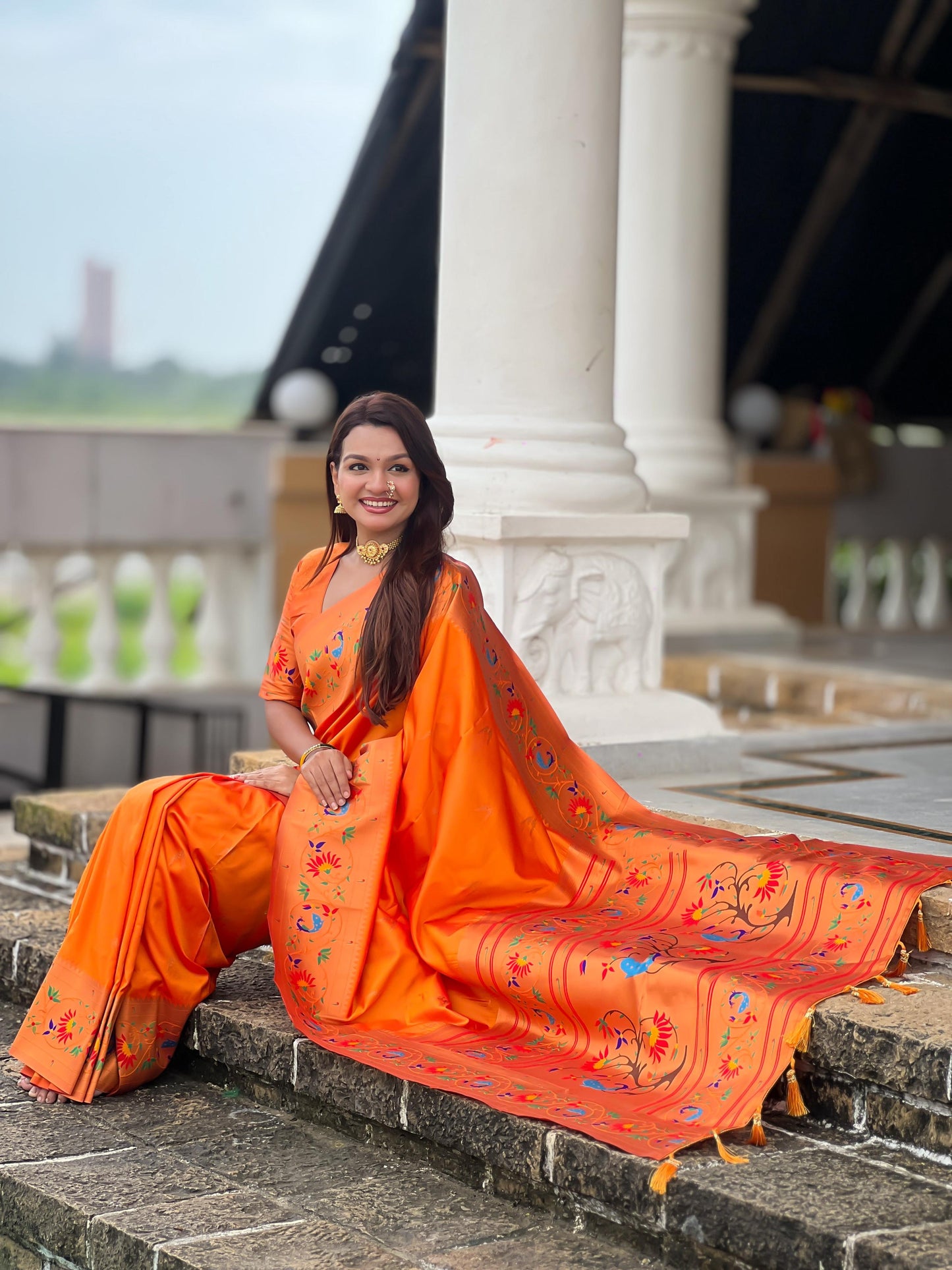 Mameraa Sarees Orange Faux Banarasi Silk Saree With Paithani Rich Weaved Pallu And Blouse-Orange