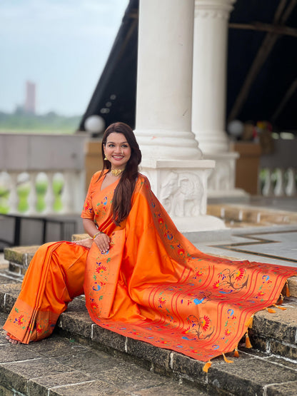 Mameraa Sarees Orange Faux Banarasi Silk Saree With Paithani Rich Weaved Pallu And Blouse-Orange