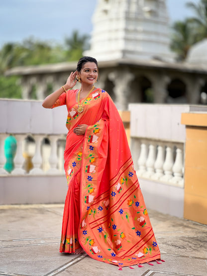 Mameraa Sarees Orange Faux Banarasi Silk Saree With Paithani Rich Weaved Pallu And Blouse-Orange