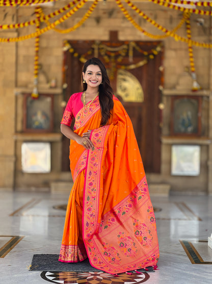 Mameraa Sarees Orange Faux Banarasi Silk Saree With Paithani Rich Weaved Pallu And Blouse-Orange