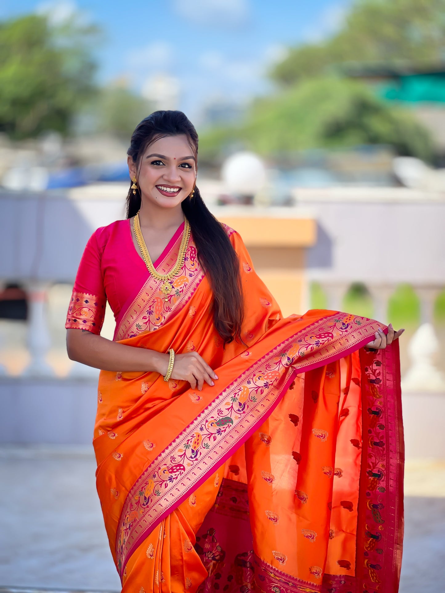Mameraa Sarees Orange Faux Banarasi Silk Saree With Paithani Rich Weaved Pallu And Blouse-Orange