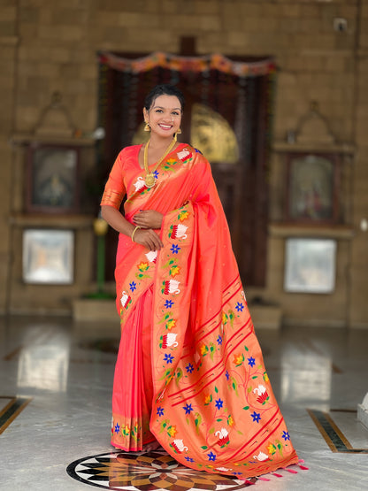 Mameraa Sarees Orange Faux Banarasi Silk Saree With Paithani Rich Weaved Pallu And Blouse-Orange