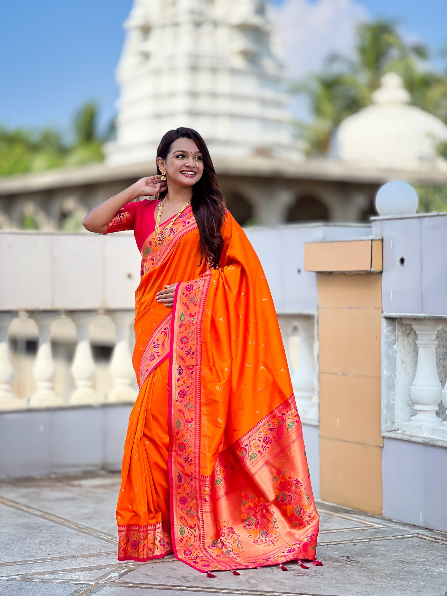 Mameraa Sarees Orange Faux Banarasi Silk Saree With Paithani Rich Weaved Pallu And Blouse-Orange