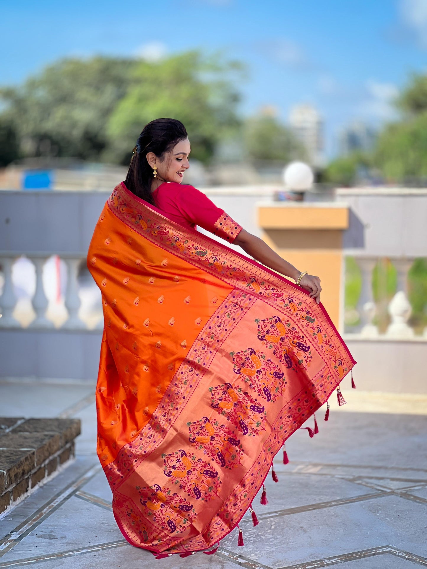 Mameraa Sarees Orange Faux Banarasi Silk Saree With Paithani Rich Weaved Pallu And Blouse-Orange