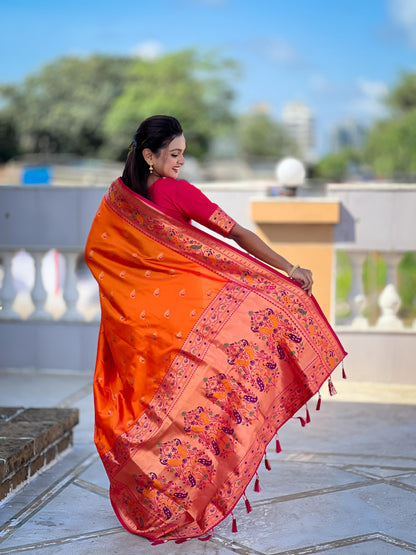 Mameraa Sarees Orange Faux Banarasi Silk Saree With Paithani Rich Weaved Pallu And Blouse-Orange