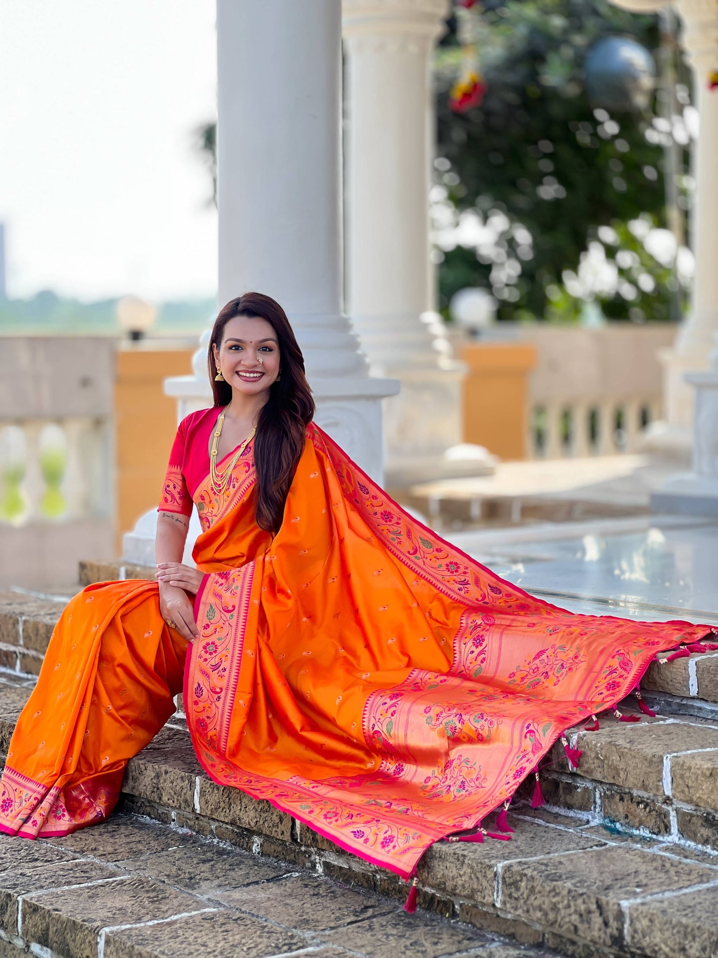 Mameraa Sarees Orange Faux Banarasi Silk Saree With Paithani Rich Weaved Pallu And Blouse-Orange