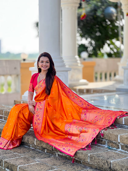 Mameraa Sarees Orange Faux Banarasi Silk Saree With Paithani Rich Weaved Pallu And Blouse-Orange