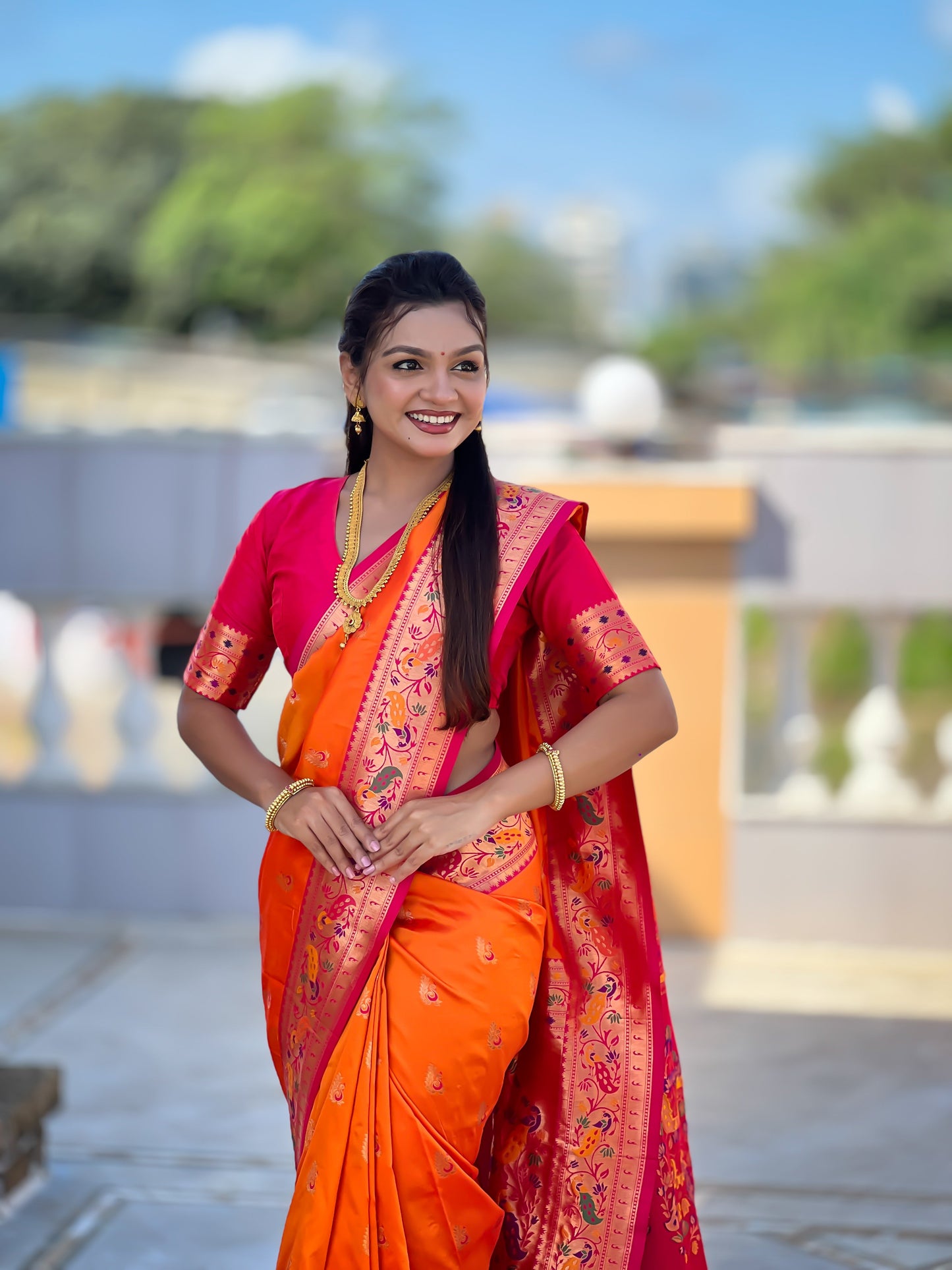 Mameraa Sarees Orange Faux Banarasi Silk Saree With Paithani Rich Weaved Pallu And Blouse-Orange
