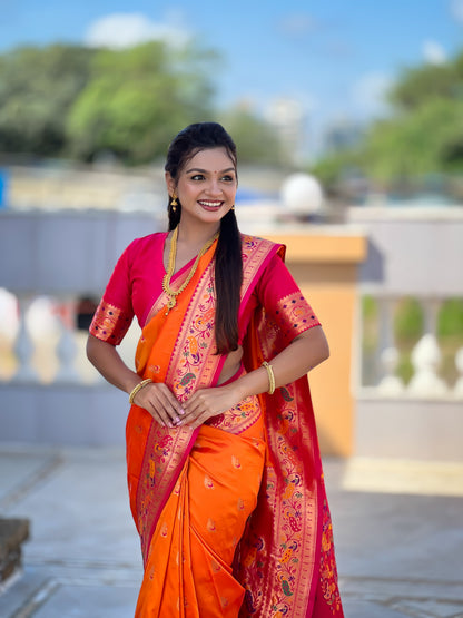 Mameraa Sarees Orange Faux Banarasi Silk Saree With Paithani Rich Weaved Pallu And Blouse-Orange