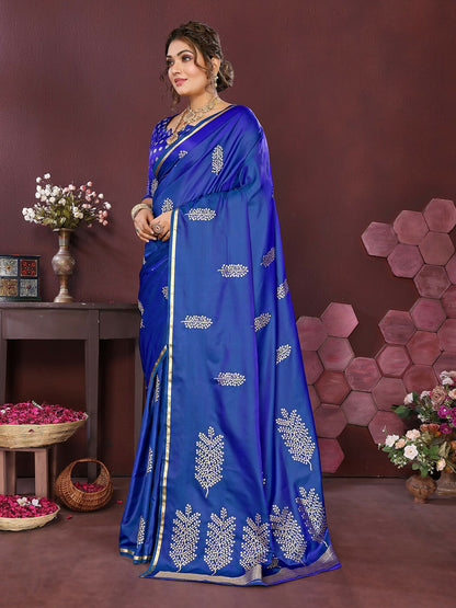Joban Fashion Royal Blue Floral Motifs Banarasi Silk Sarees