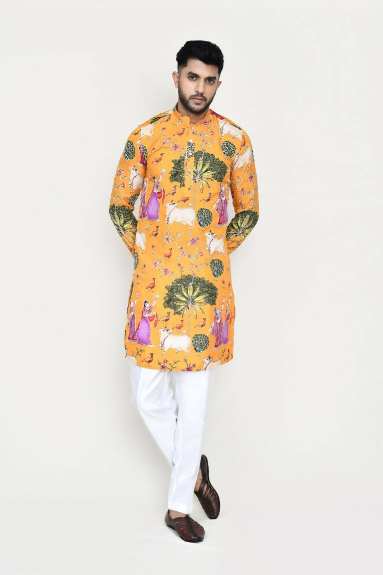 Joban Fashion White Colored Rayon Based With Modal Hand Print Work Fabric Kurta,Straight Fit Pant