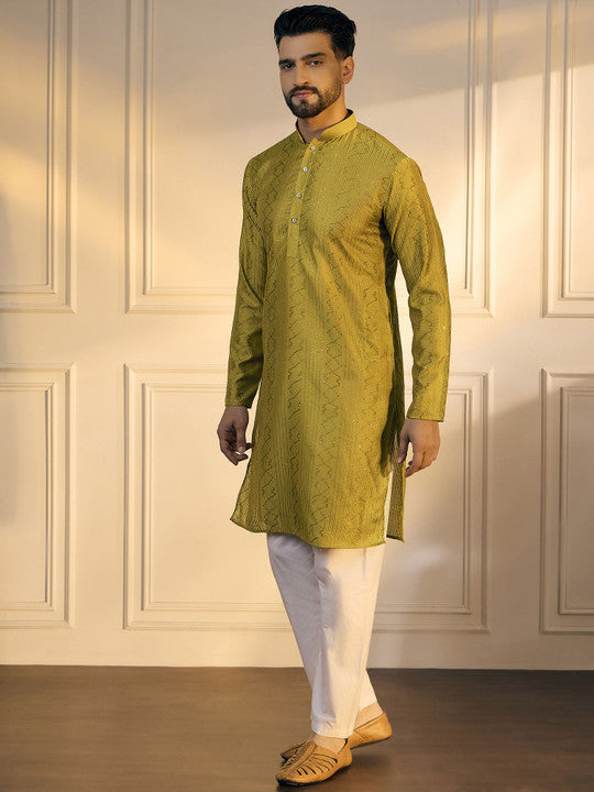 Anouk Mustard Geometric Embroidered Mandarin Collar Pure Cotton Straight Kurta