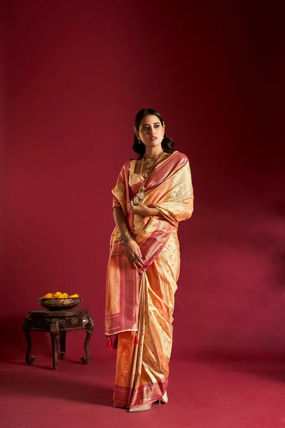 Joban Fashion Cream & Orange Plain With Weaving Border Banarasi Silk Sarees
