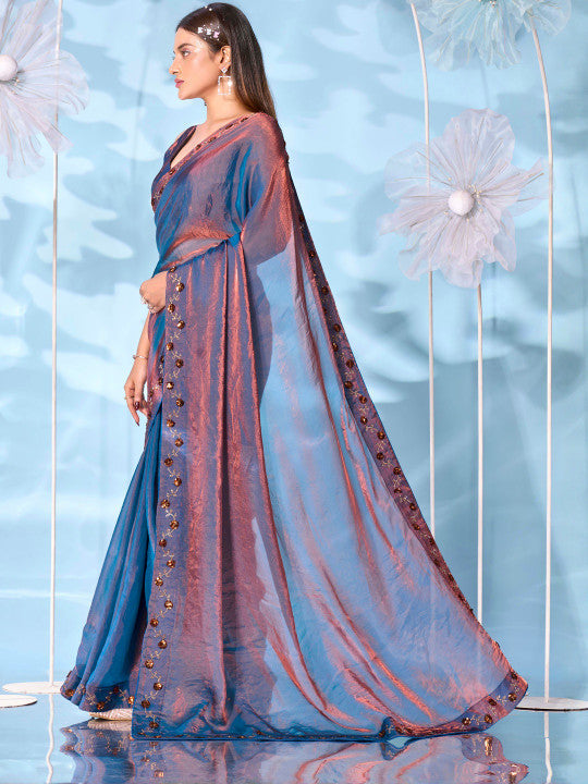 Tikhi Imli Embellished Satin Two Toned Saree With swaroski Border and sequinned butta