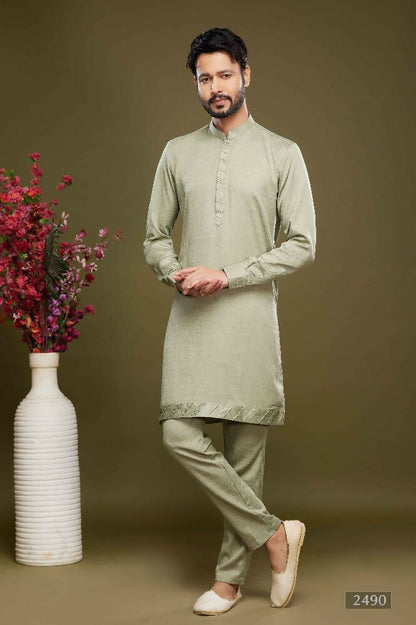 Raivat Ethnic Art Banarasi Silk Thread Work Kurta Pajama In Pista Green Colour