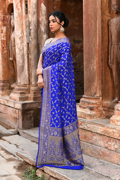 Joban Fashion Violet Crepe Chiffon Pure Handloom Banarasi Silk Saree