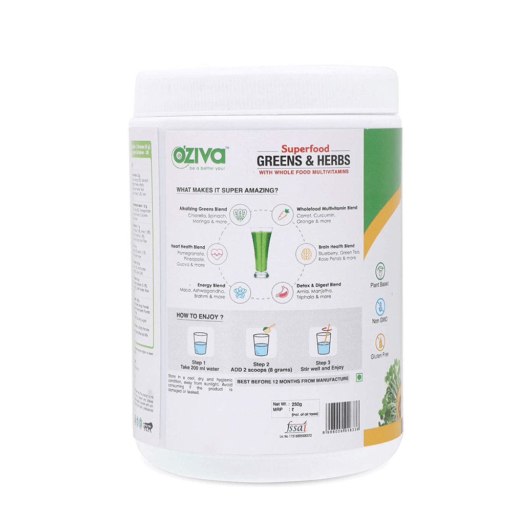 OZiva Superfood Greens & Herbs With Whole Food - 250 gms
