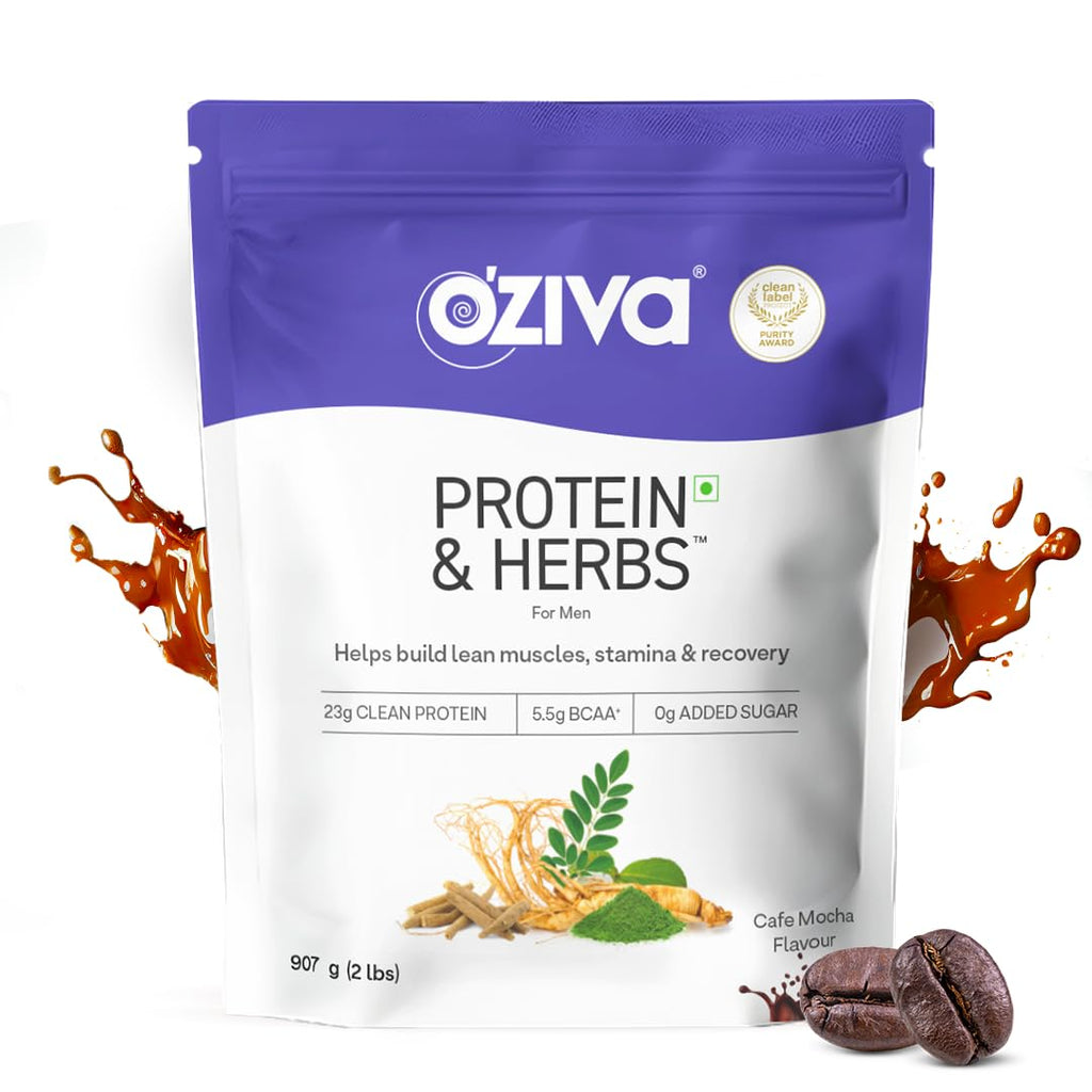 OZiva Protein & Herbs for Men (Cafe Mocha) I Muscle Building, Stamina & Recovery | Clean Protein, Shatavari, Green Tea I No Added Sugar, 2lbs (907 gm)