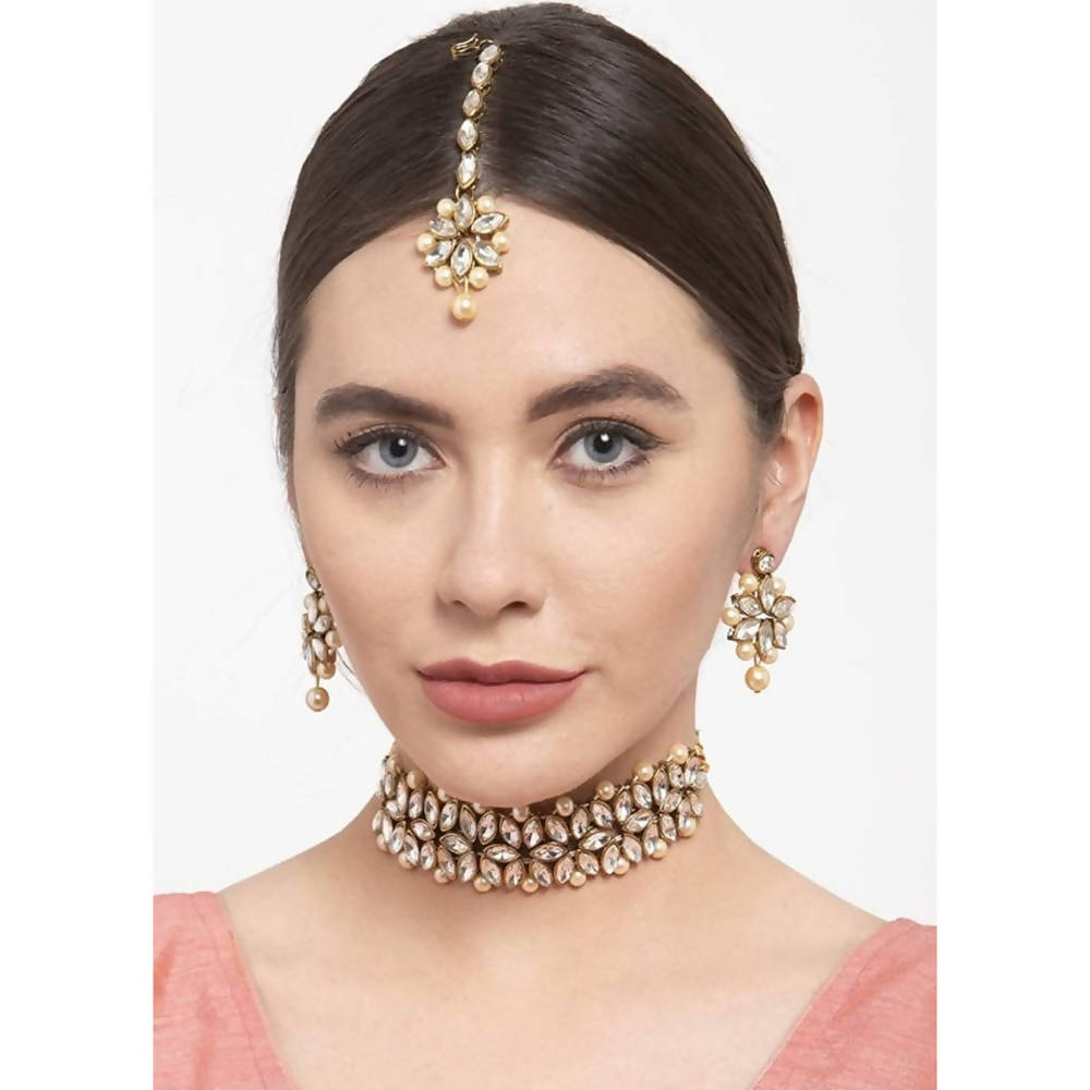 Mominos Fashion Trendy Gold-Polished with Stone & Pearls Necklace Set