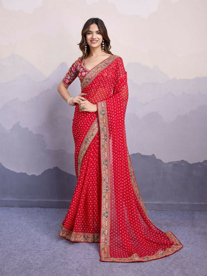 Red Georgette Bandhani Printed,Embroidery Work Saree - Surkhi