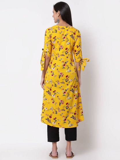 Myshka Women's Crepe Printed Half Sleeve V - Neck Casual Yellow Kurta