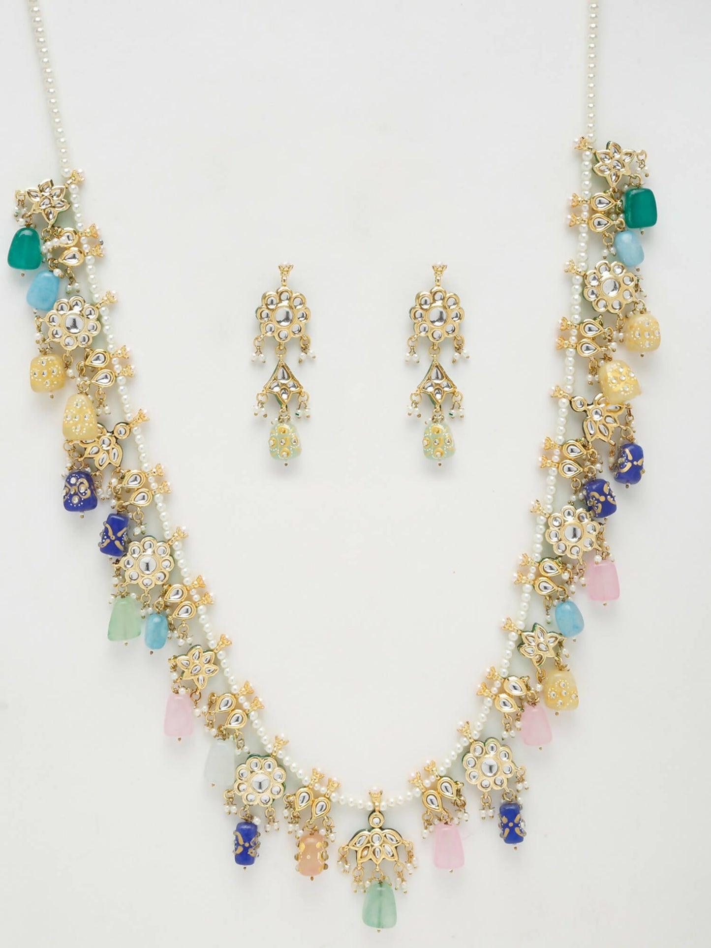 Long Kundan Neckpiece With Studs - Ruby Raang