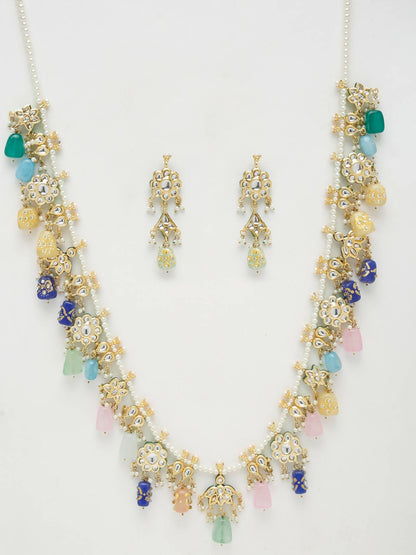 Long Kundan Neckpiece With Studs - Ruby Raang