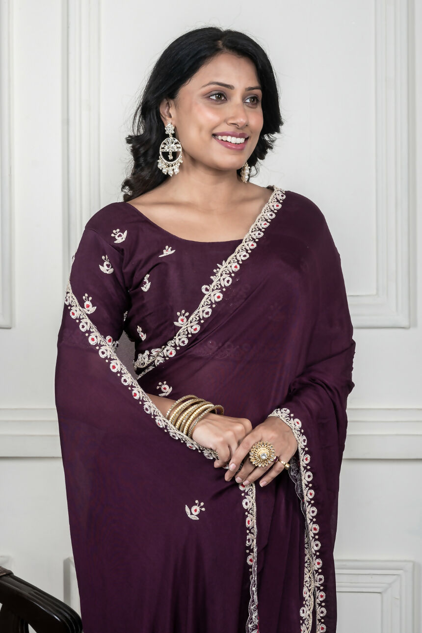 Morchari Wine Chiffon Hand Embroidery Saree And Stitched Blouse