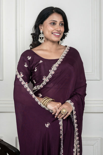 Morchari Wine Chiffon Hand Embroidery Saree And Stitched Blouse