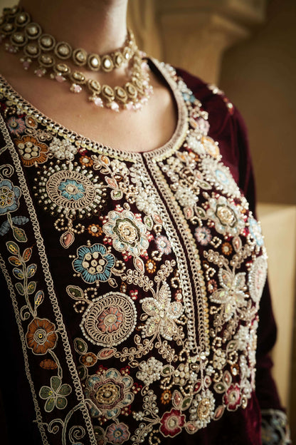 Anaita Purple Embroidered Work Velvet Stitched Plazo Suit