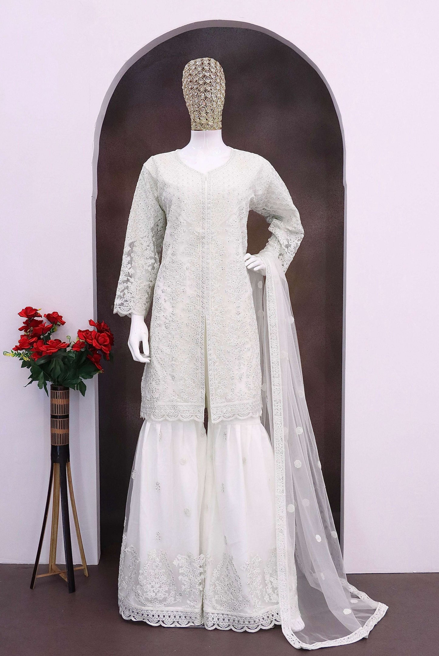 Anaita White Heavy Net Readymade Suit with Embroidery & Sequence Work